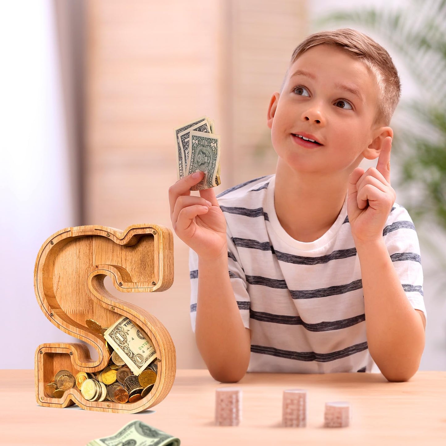 SummiDate Wooden Letter Piggy Bank| Piggy Bank for Boys Girls Toddler| Alphabet S Money Bank| Coin Bank Birthday Gift for Kids|Birthday Gift for Kids (S)