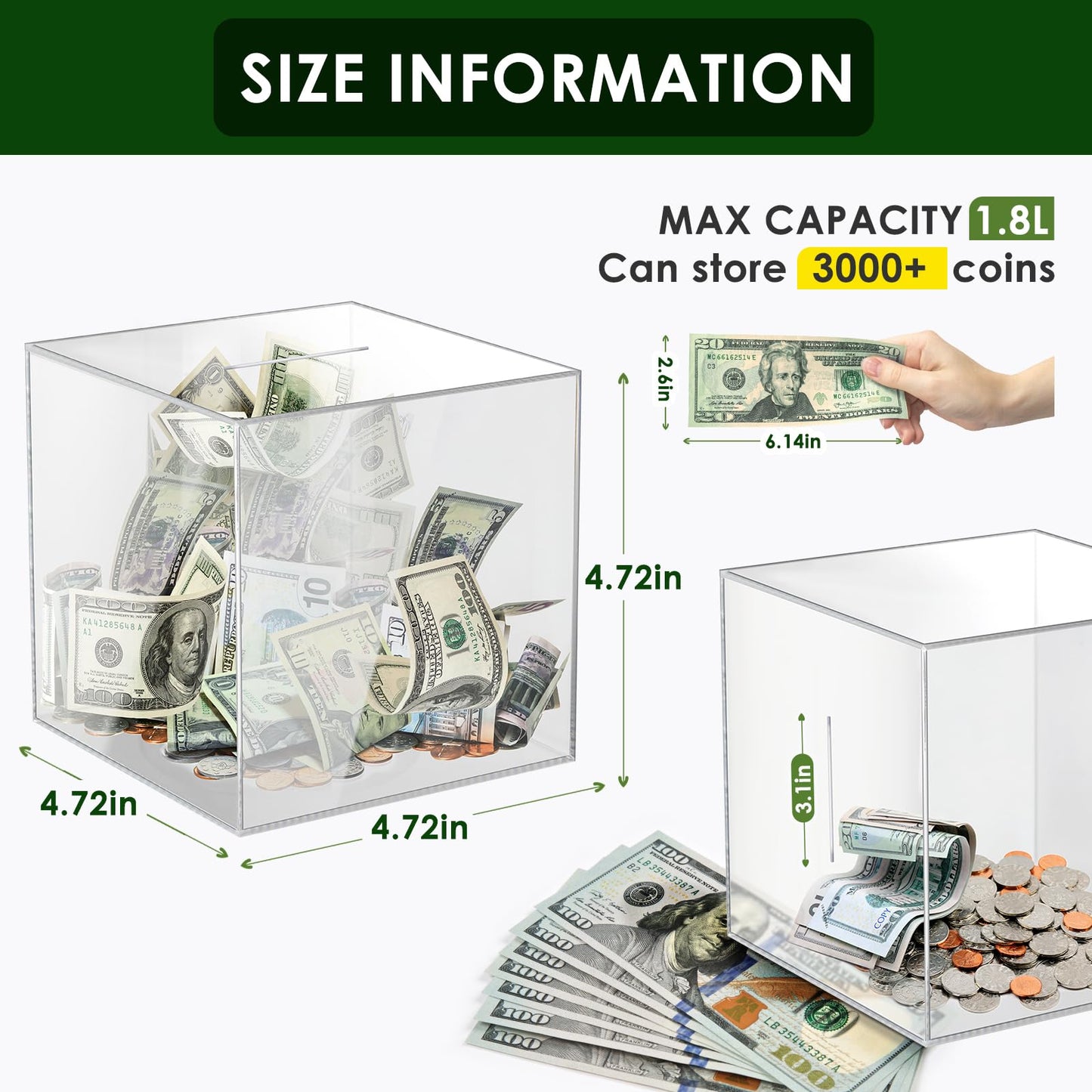 Piggy Bank For Adults Must Break To Open, Vcertcpl Acrylic Clear Piggy Bank Money Saving Box For Cash Saving, Unopenable Adults Piggy Bank For Real Money Bank Coin Bank Change Jar (Clear, 12X12Cm)