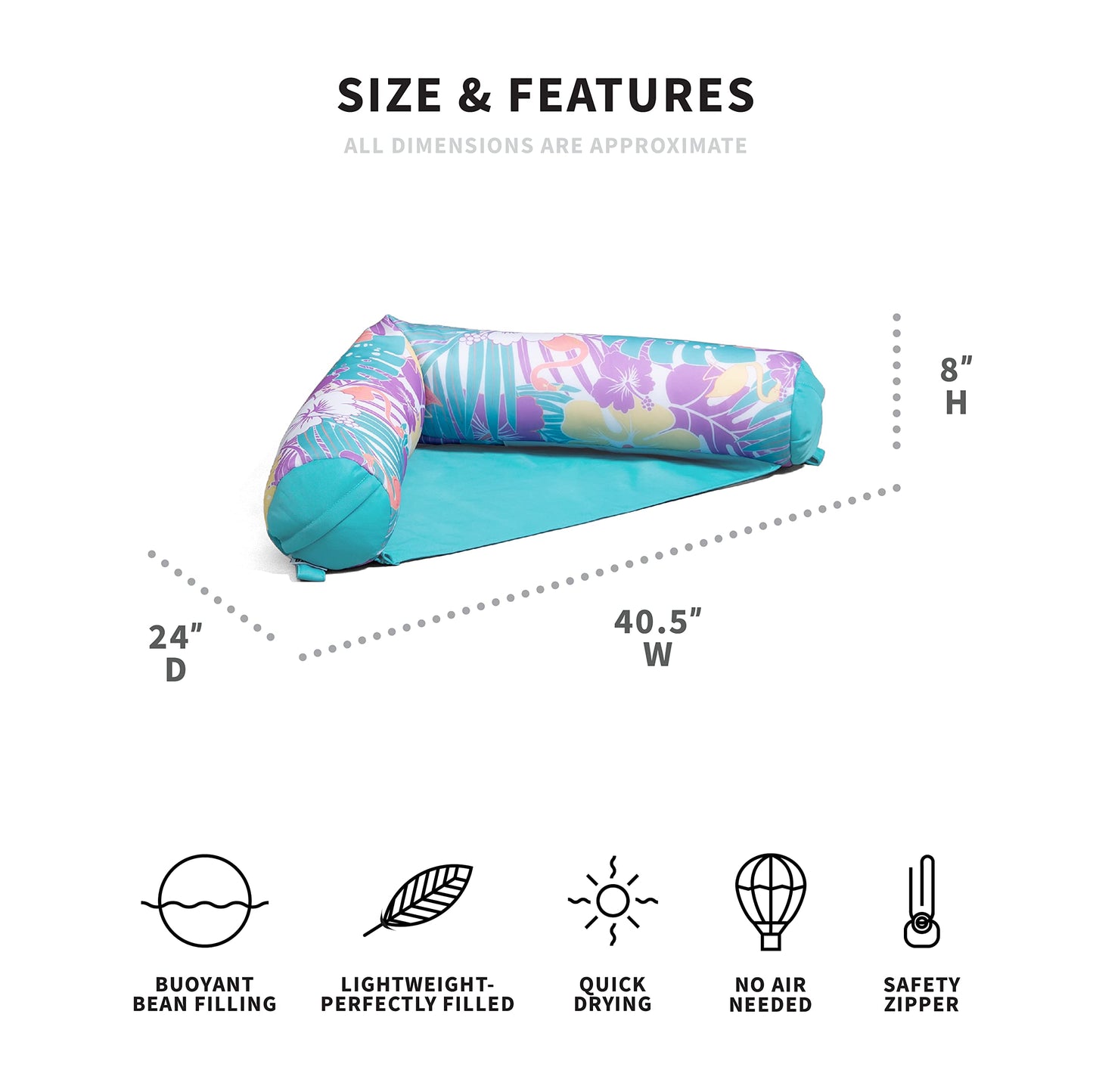 Big Joe Noodle Sling No Inflation Needed Pool Seat With Armrests, Tropical Hibiscus Aqua Double Sided Mesh, Quick Draining Fabric, 3 Feet