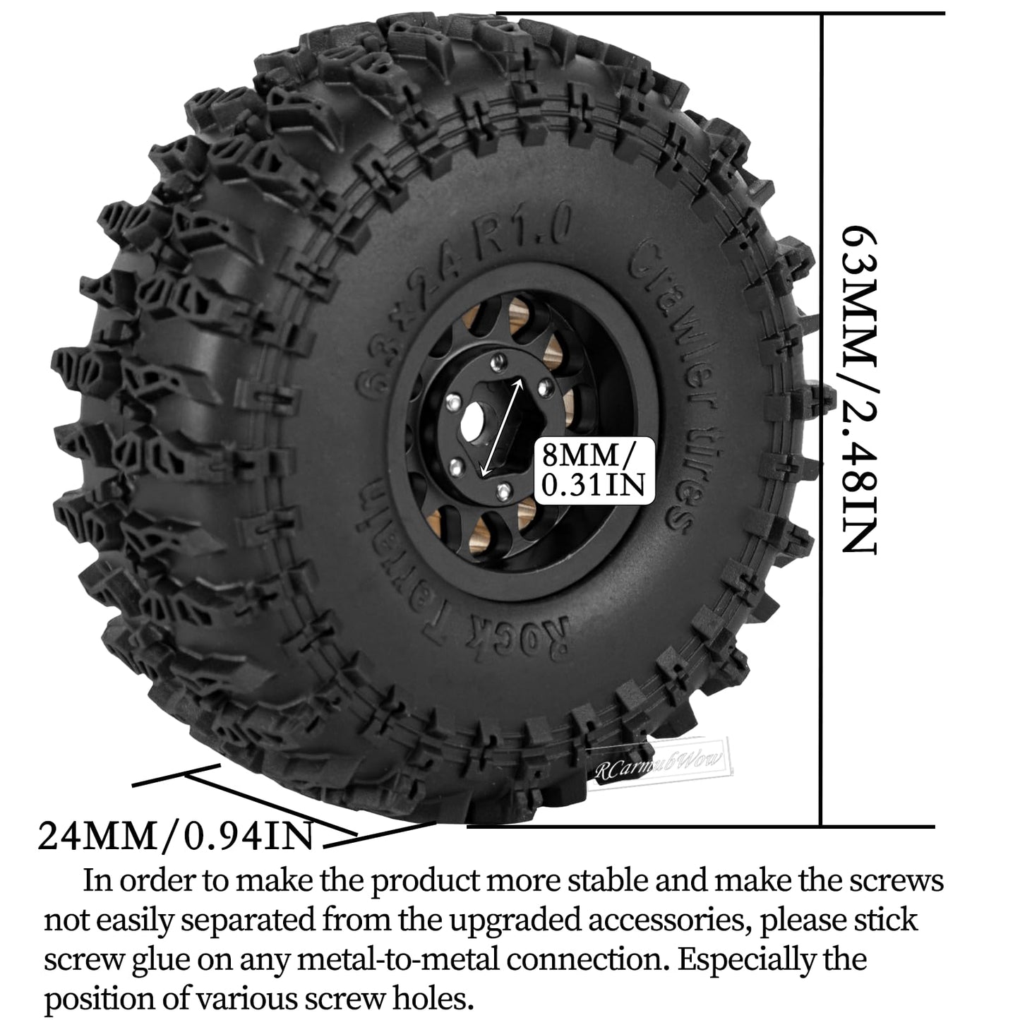 RcarmubWow RC 1.0'' Beadlock Wheels and Tires for RC Crawler 1/18 TRX4M,1/24 SCX24,Brass 1.0 Beadlock Wheels RC Rims w/ 1.0 Bead