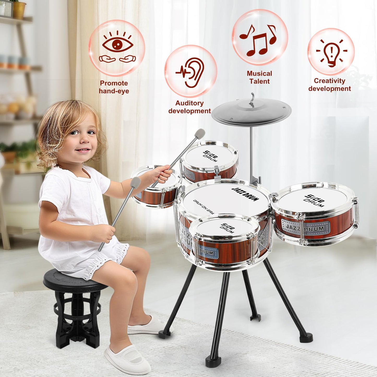 M Sanmersen Kids Drum Set Jazz Drum Kit 8 Piece For Toddler Educational Percussion Musical Instruments Drum Toy Playset Xmas Gift For Boys Girls - Red