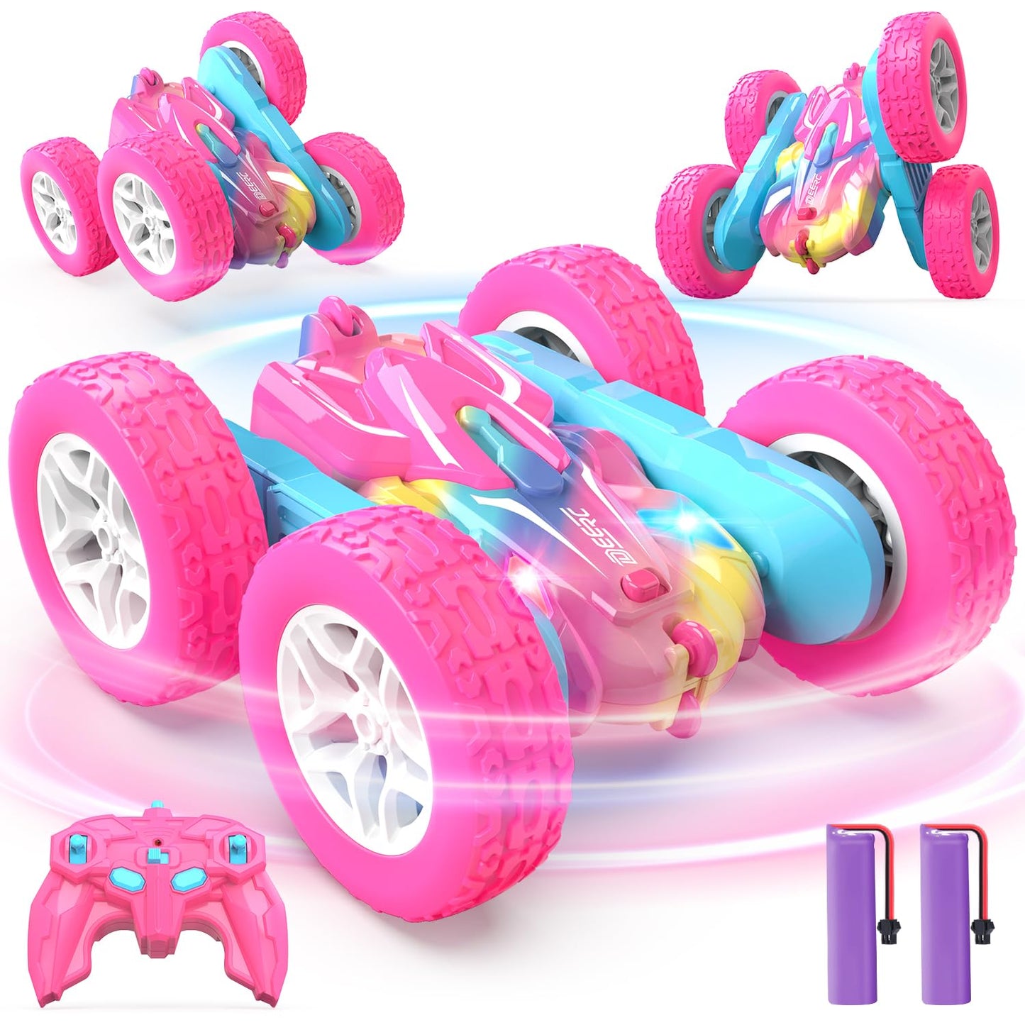 DEERC Rainbow Remote Control Car for Girls, Pink RC Cars Toy with LED Lights, 2.4 GHZ Double Sided RC Stunt Drift Car 360Rotatin
