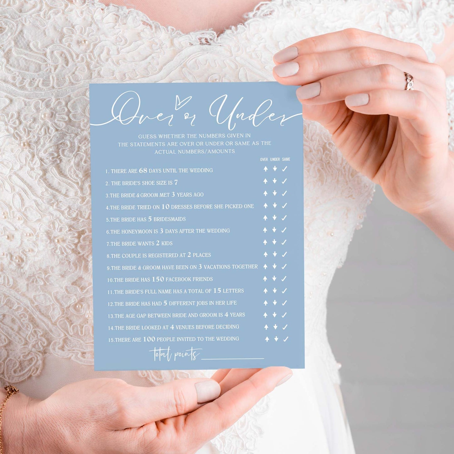 Wybgno Bridal Shower Games Cards, Guess Over Or Under, 25 Guest Cards, Minimalist Blue Wedding Party Supplies