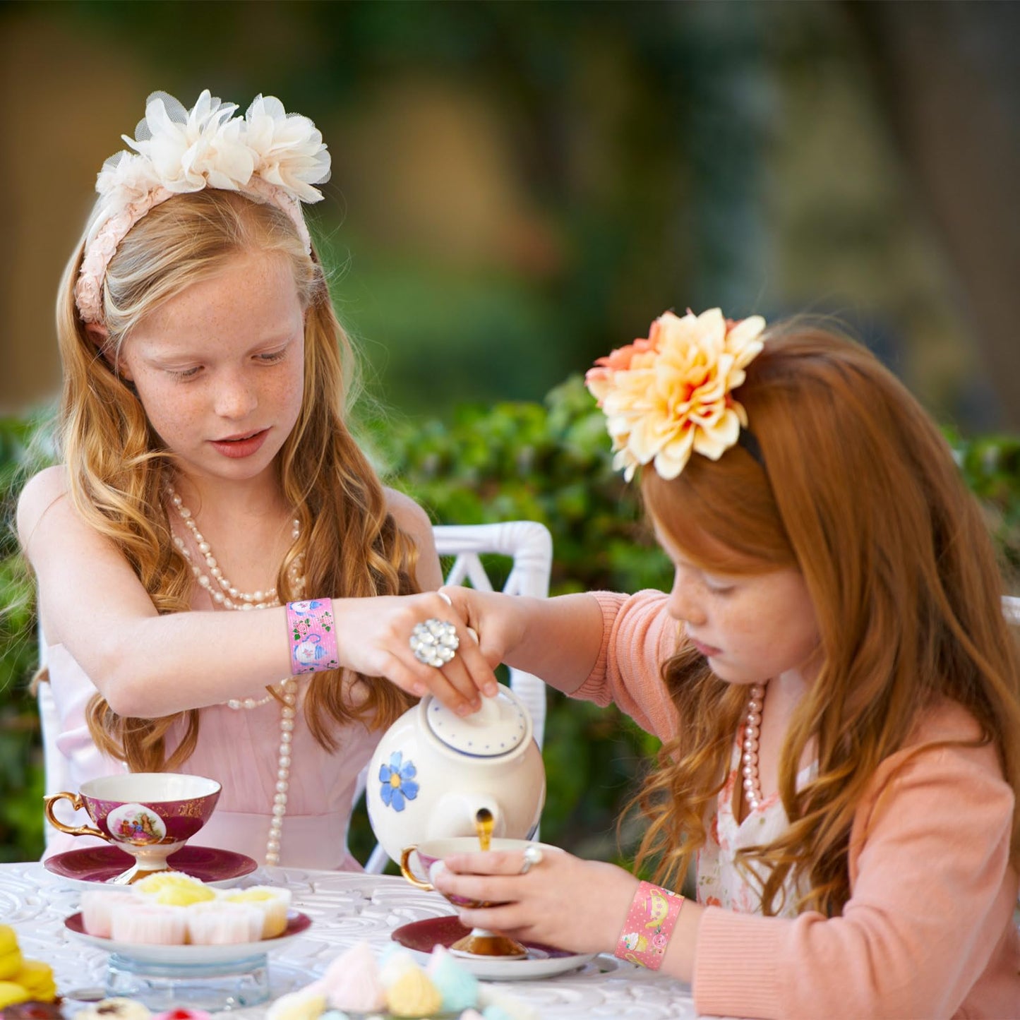 Junkin 48 Pcs Tea Party Favors Floral Tea Party Slap Bracelet Tea Party Supplies Decoration Girls Tea Party Bracelet Pink Teapot