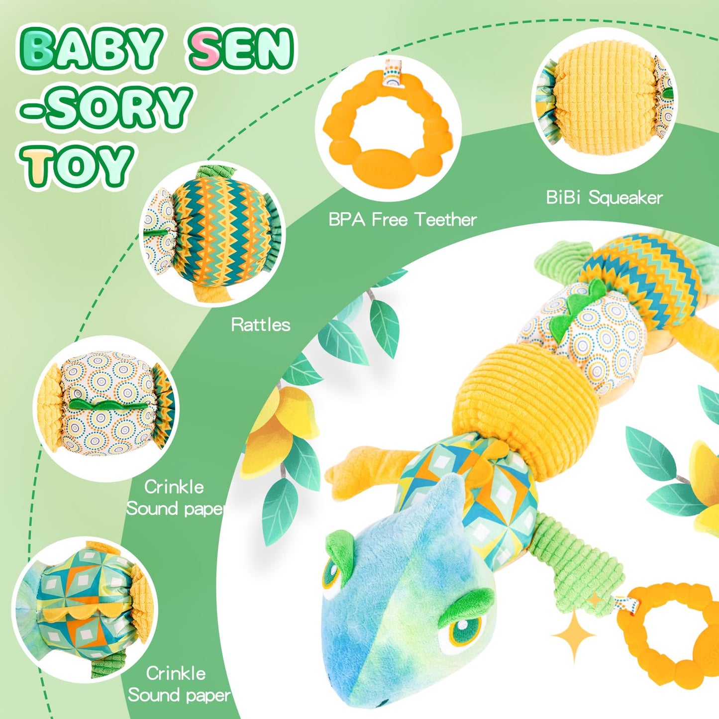 Baby Toys 0-6 Months, Baby Musical Toys, Infant Toys Stuffed Animal Toys With Rattles, Crinkle, Bell, Baby Teething Toys For Tummy Time Newborn Sensory Boys Girls 0 3 6 12 Months (Green Chameleon)