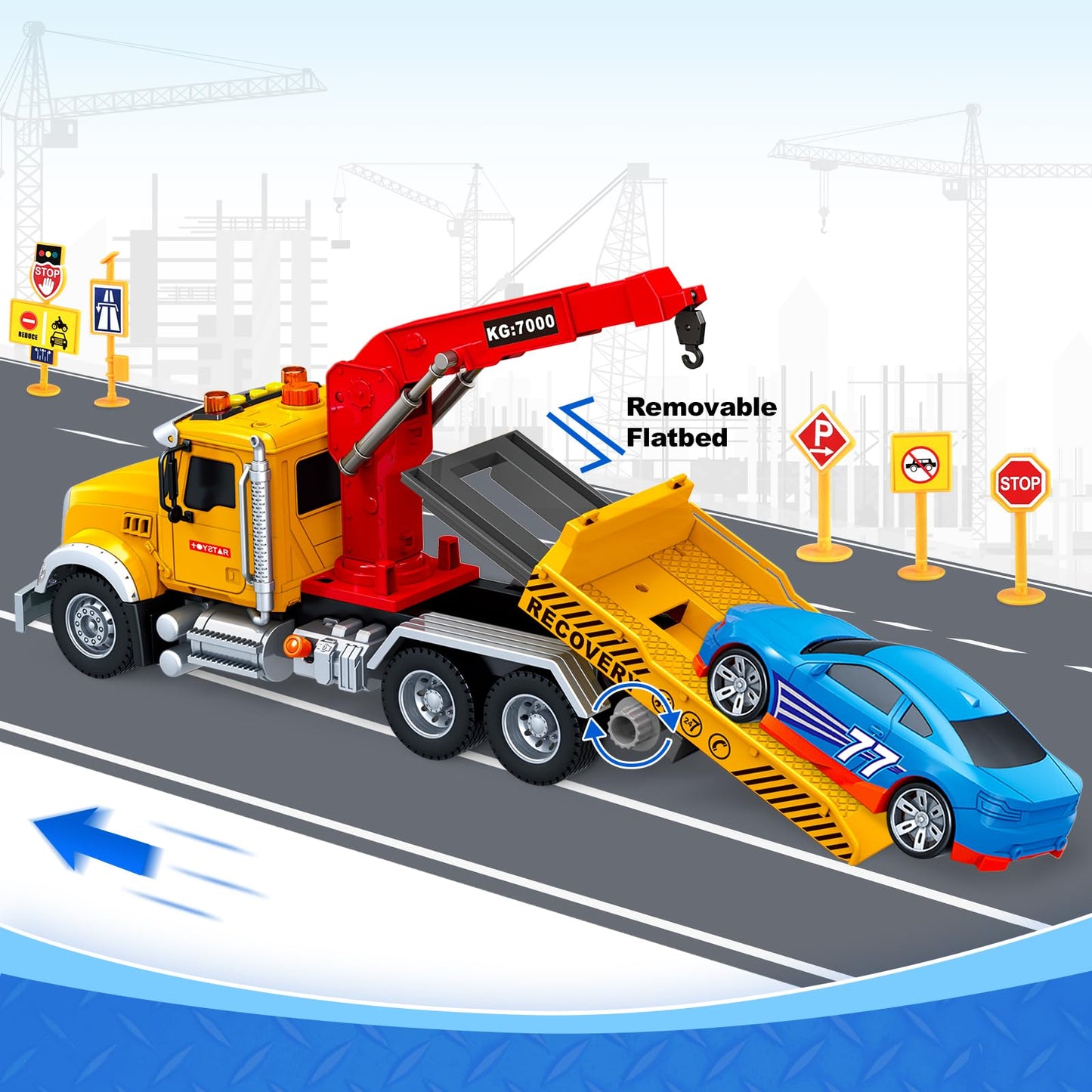 Kids Toys for 3 4 5 6 7 Years Old Boys, 15'' Large Tow Truck Toy, Friction Powered Transport Truck Crane Vehicle Toy with Lights