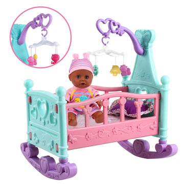Deao Black Baby Doll Set With Crib American Baby Doll Set Mobile High Chair Stroller Feeding Accessories 21 Pieces Play Set (Baby Doll Included)