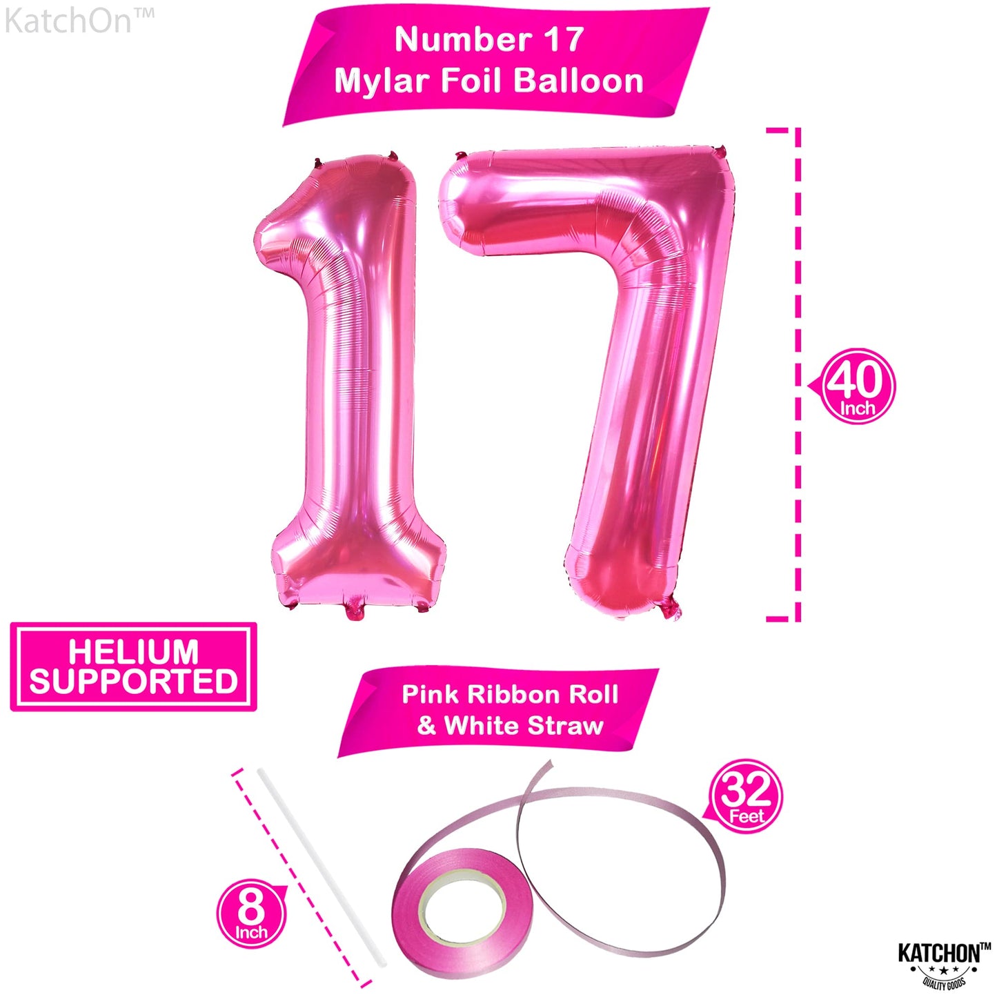 Katchon, Hot Pink 17 Balloon Numbers - Giant, 40 Inch | 17 Birthday Balloons | Hot Pink 17Th Birthday Decorations For Girls | Hot Pink 17 Balloons Numbers For Pink 17Th Birthday Party Decorations