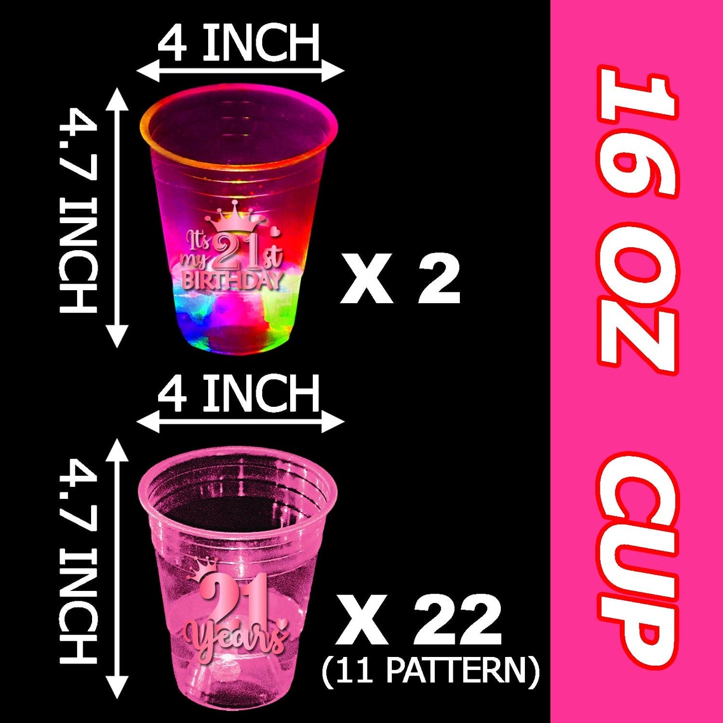 24 Pcs Glow Pink 21St Birthday Party Cups,Happy 21St Birthday Cups For Her,Pink Birthday Party For Finally Legal Decorations,Hap