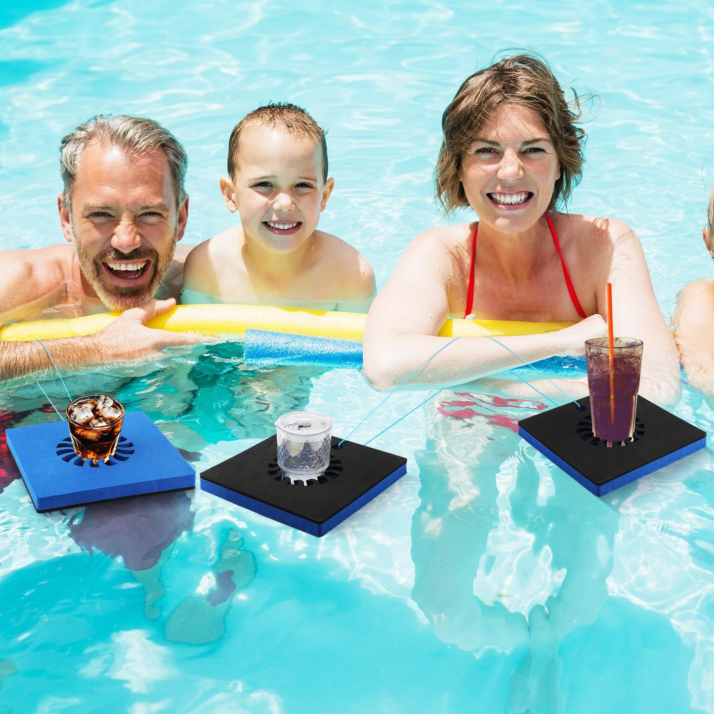 Newtay 4 Pcs Foam Floating Drink Holder For Pool 9.5 Inch Blue And Black Refreshment Table Tray Portable Tumbler Pool Bar Access