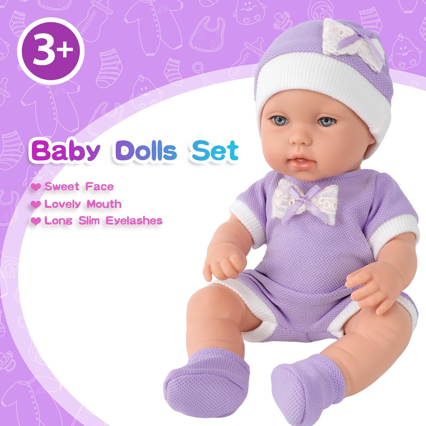 Zntwei 12 Inch Baby Doll Playset With Reborn Baby Dolls Clothes And Accessories Including Purple Jumpsuit, Hats, Socks, Bottles,