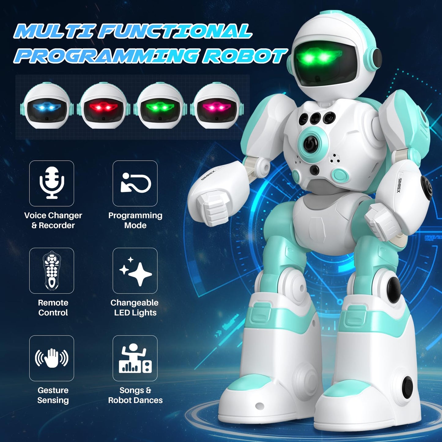 Simrex Kids Robot Toys, Remote Control Robot, Programmable Robot With Recorded Voice Music Dance Gesture Control, Gift For Toddler Boys And Girls