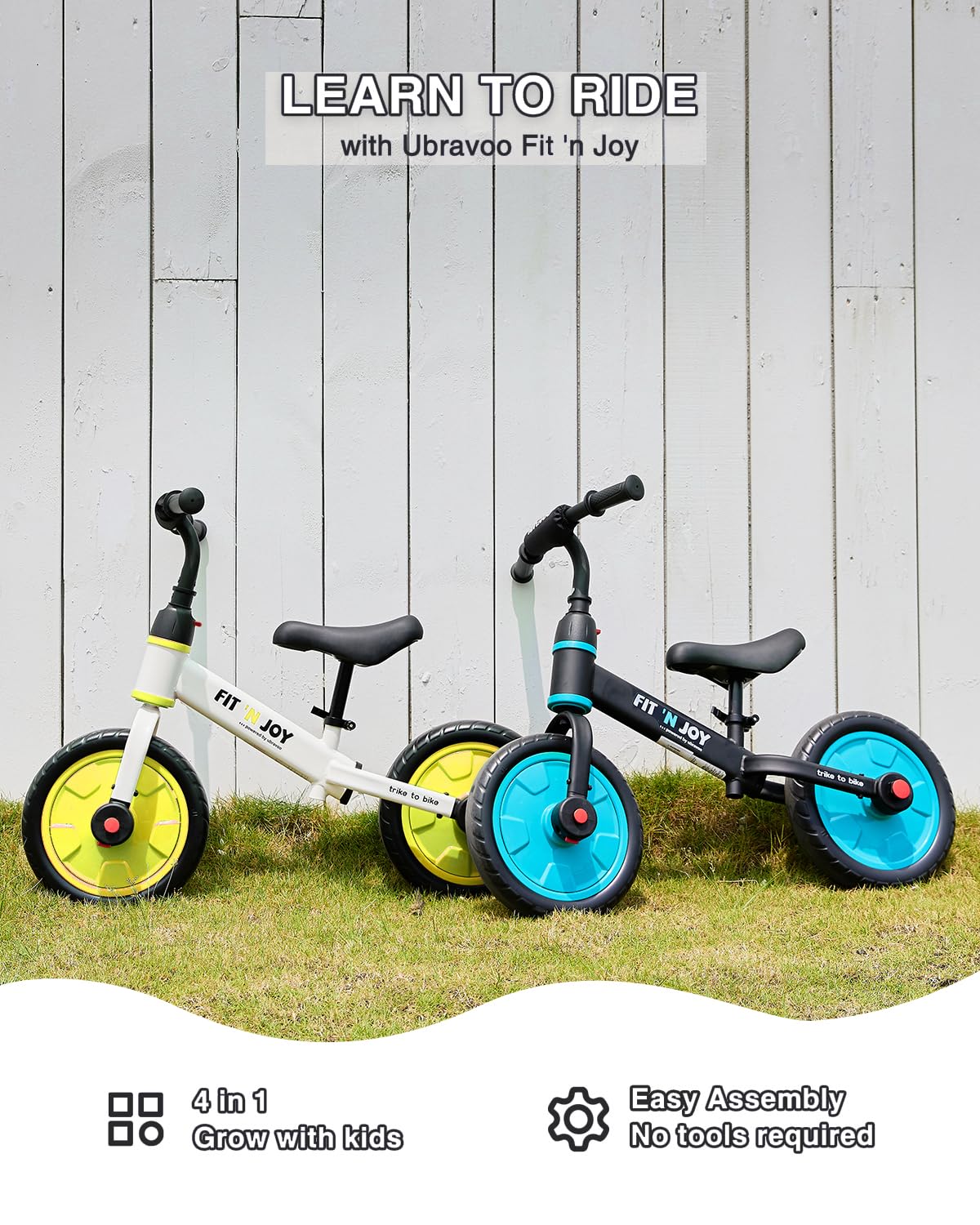 Ubravoo Trike To Bike Riding Tricycles For Boys Girls 2-5, Fit 'N Joy Kids Balance Bike With Pedals & Training Wheels Options, 4-In-1 Starter Toddler Training Bicycle (Yellow-White)