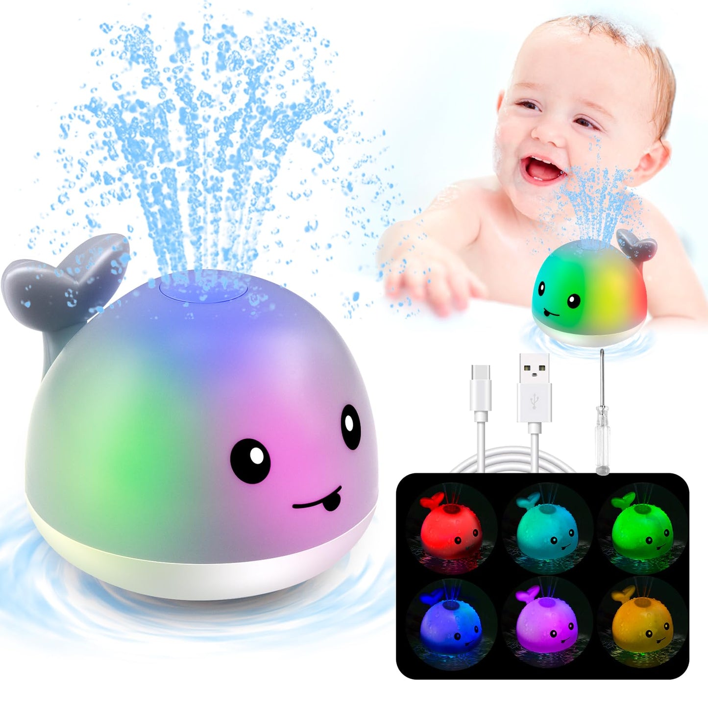 Aukful Baby Bath Toys Rechargeable Toddler Whale Bath Toys Sprinkler,Light Up Baby Bath Toys For Kids Ages 3 4 5 6 Water Pool Ba