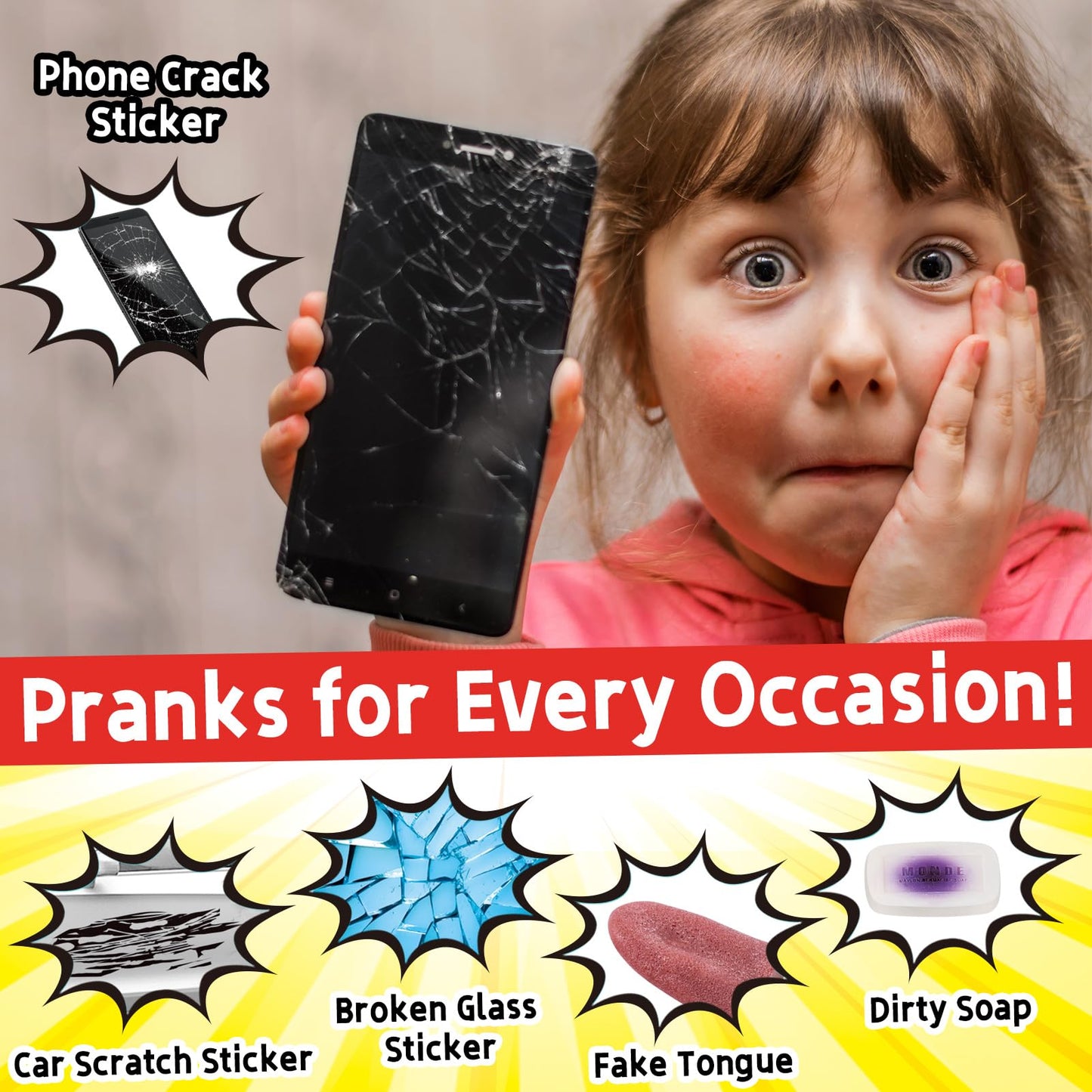 Wookidel Prank Stuff - 35 Fun Pranks for Kids, Ideal for April Fools, Halloween, Birthdays - Yellow, 10.23 x 6.69 x 3.