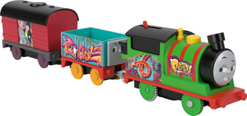 Thomas & Friends Motorized Toy Train Graffiti Percy Battery-Powered Engine With 2 Cargo Cars For Pretend Play Preschool Kids Ages 3+ Years