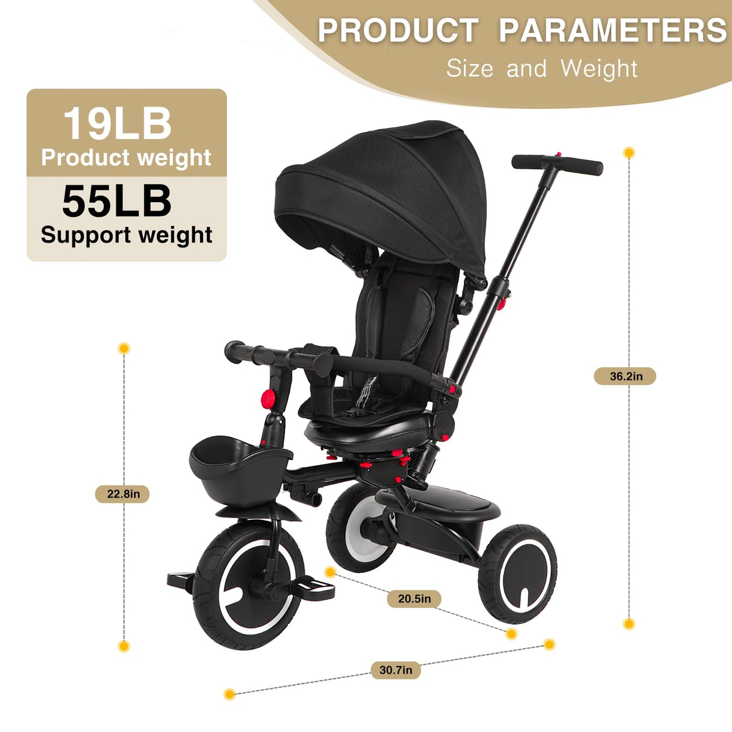 Baby Tricycle, 6-in-1 Folding Kids Trike with Removable Push Handle, Rotatable Seat, Adjustable Canopy, Storage Box, Safety Harn