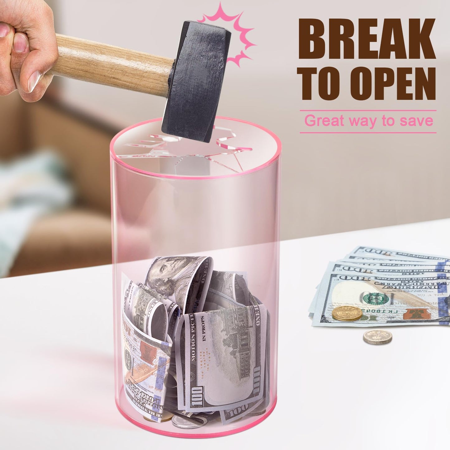 Hicocool Clear Piggy Bank For Adults Kids Must Break To Open, Pink Acrylic Piggy Bank Unopenable Money Savings Jar (8' H X 5' D)