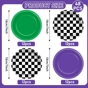 CHUNNIN 48PCS Green Purple Monster Truck Party Paper Plates for Monster Truck Themed Party Supplies 7 Checkered Racing Car Birt