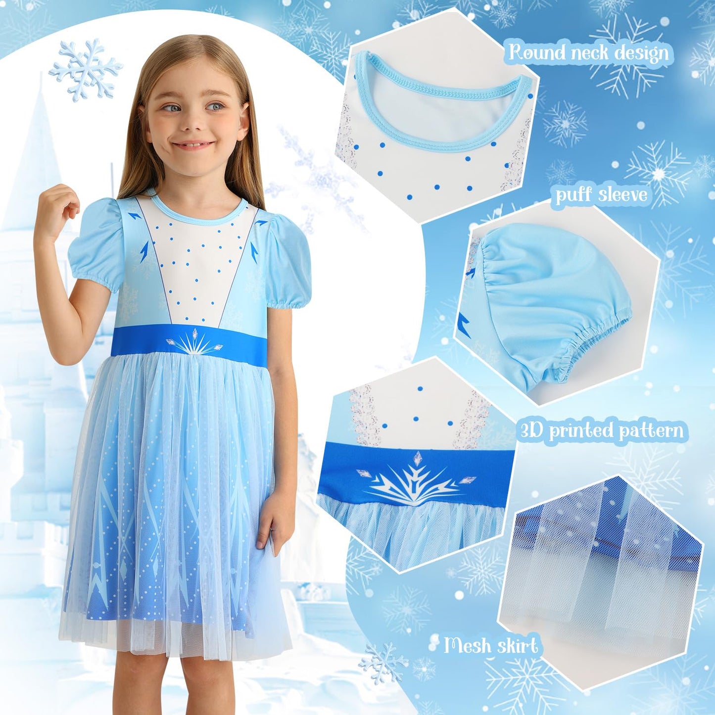 Benylion Princess Dress For Girls Princess Dresses Party Wear Puff Sleeve Tulle Dress For 3-4 Years,Paleblue