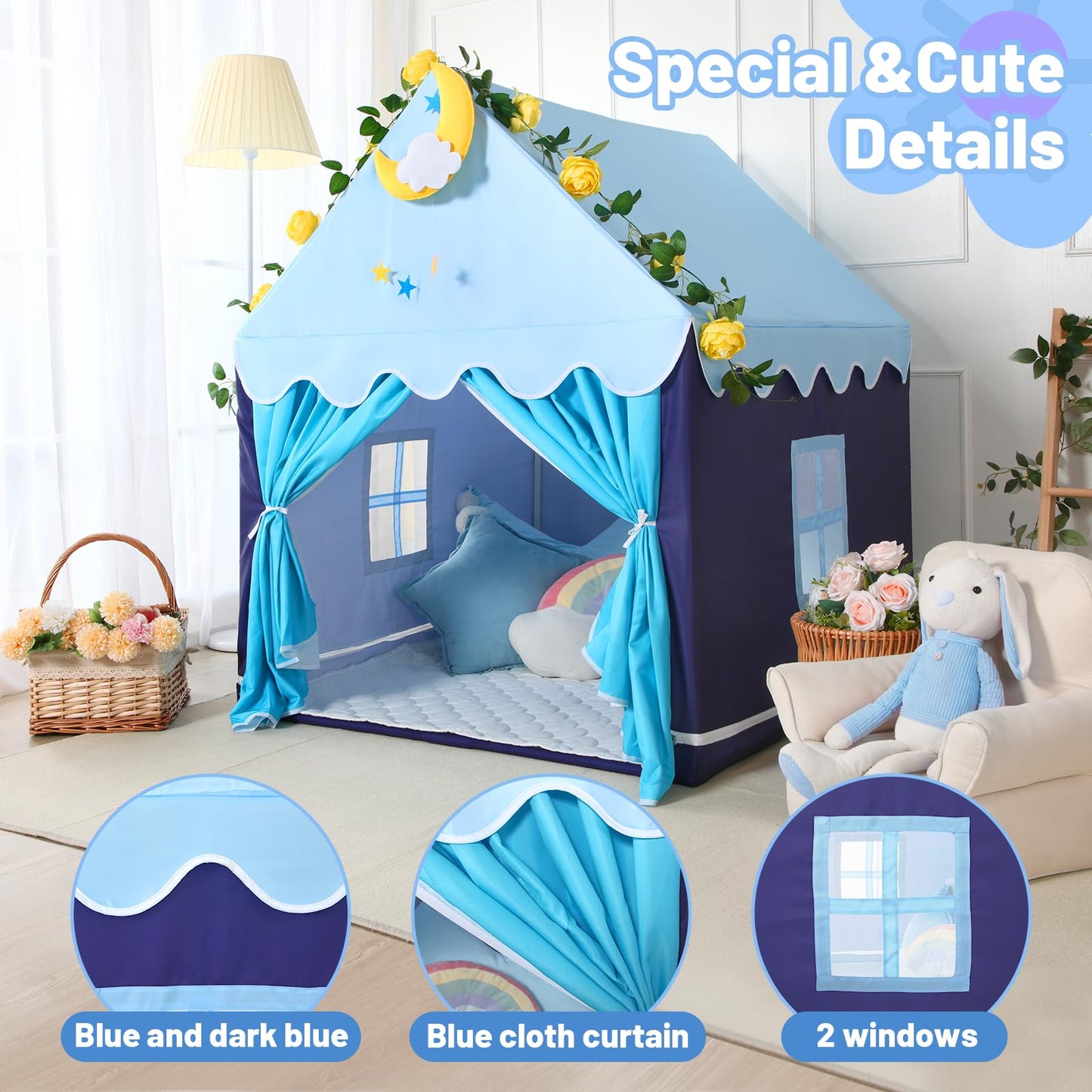 Wilwolfer Kid Tent With Mat, Star Lights - Kids Play Tents For Toddlers Kids Tents Indoor Playhouse - Princess Tent For Girls Toy House Gift (Blue With Cloth)