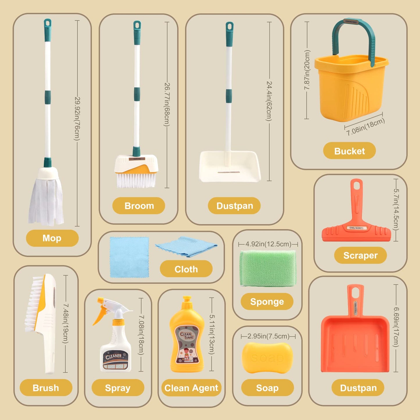 Jenilily Detachable Kids Cleaning Toy Set - Broom Dustpan Mop Brush Rag, Play Housekeeping Kit, Really Stem Toddler Clean Toys G
