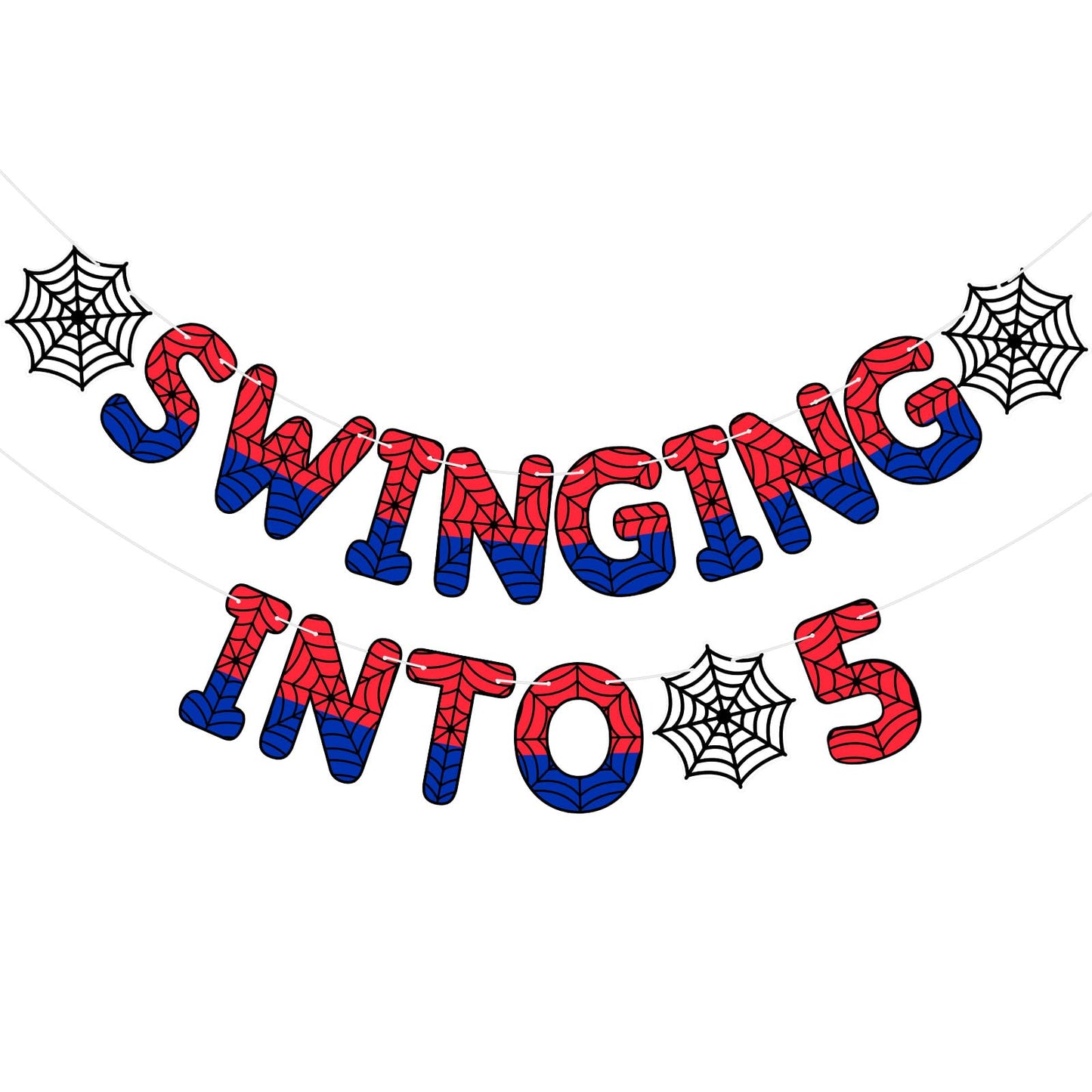 TaoBary Spider Theme 5th Birthday Banner, Pre-strung Swinging into 5 Banner, Spider 5th Birthday Decorations Party Supplies for