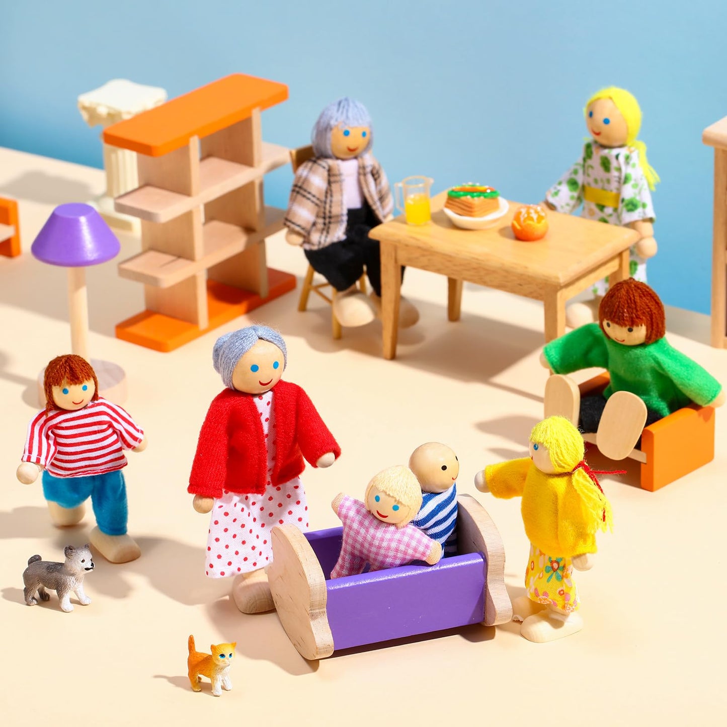 Skylety 10 Pcs Wooden Dollhouse Set Of Mini People Figures Dolls Wooden Doll Pretend Play Figures Accessories For Pretend Dollhouse Toy(Bright Style)
