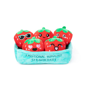 Emotional Support Strawberries by WHAT DO YOU MEME? - Red Plushies, 5 Squishy Stuffed Animals with Carrying Basket, Great Gift for All Ages