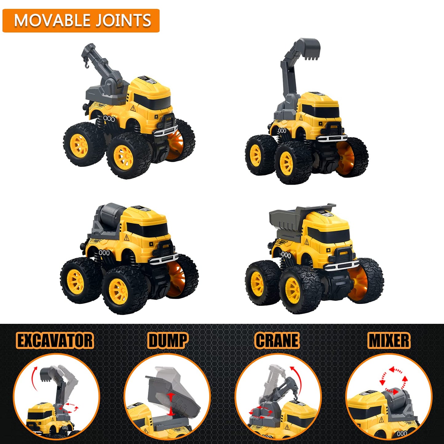 Construction Truck Toys - 4 Pack Excavator, Mixer, Crane, Dump Trucks Push and Go Friction Powered Cars Monster Stunt Vehicles P
