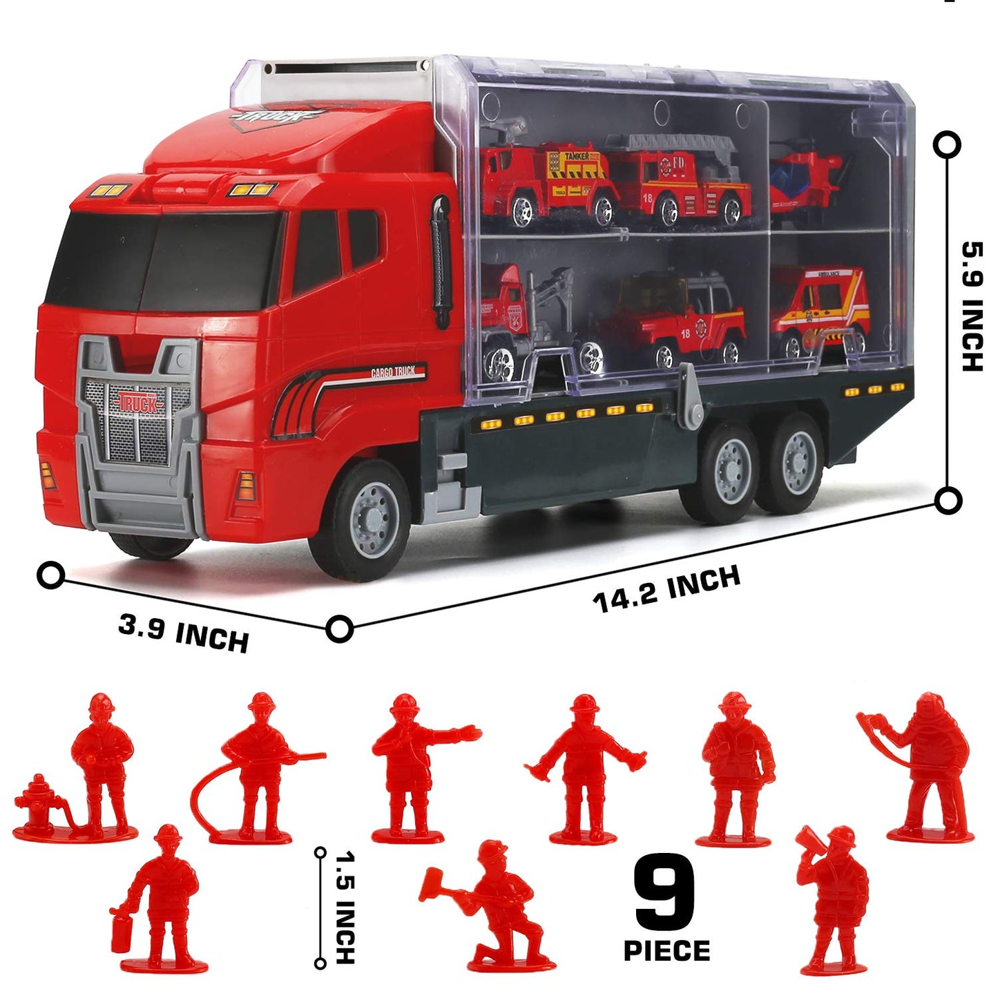 19 Pcs Fire Truck with Firefighter Toy Set, Mini Die-cast Fire Engine Car in Carrier Truck, Mini Rescue Emergency Double Side Tr