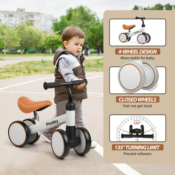 Phobby Baby Balance Bike - 4 Wheels Toddler Bike, Adjustable Seat, White & Brown, Small, Model CP00225, Perfect for 1-3 Years Old