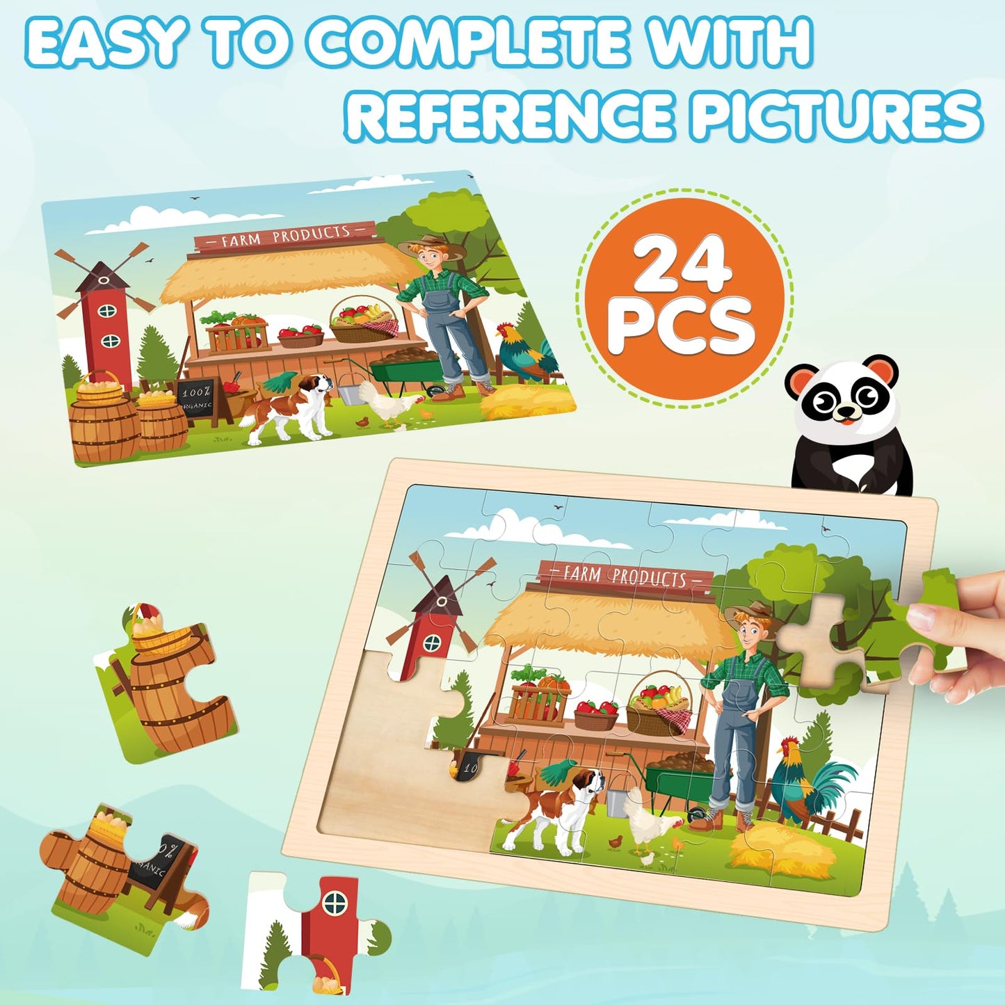 4-In-1 Farm Wooden Puzzles For Kids Ages 4-6, 24 Pcs Wooden Jigsaw Puzzles For Toddlers Ages 2-4, Preschool Educational Puzzles
