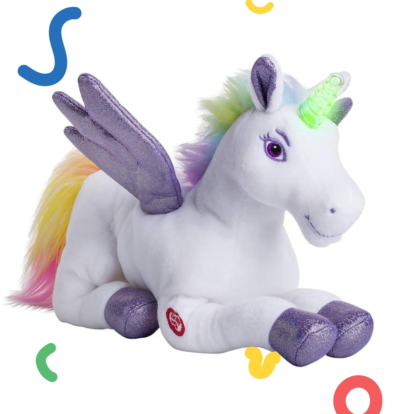Dazmers Purple Unicorn Light Up Stuffed Animal Toy - Musical Plush with Flapping Wings for Kids - Small Size Magical Lights & Sounds