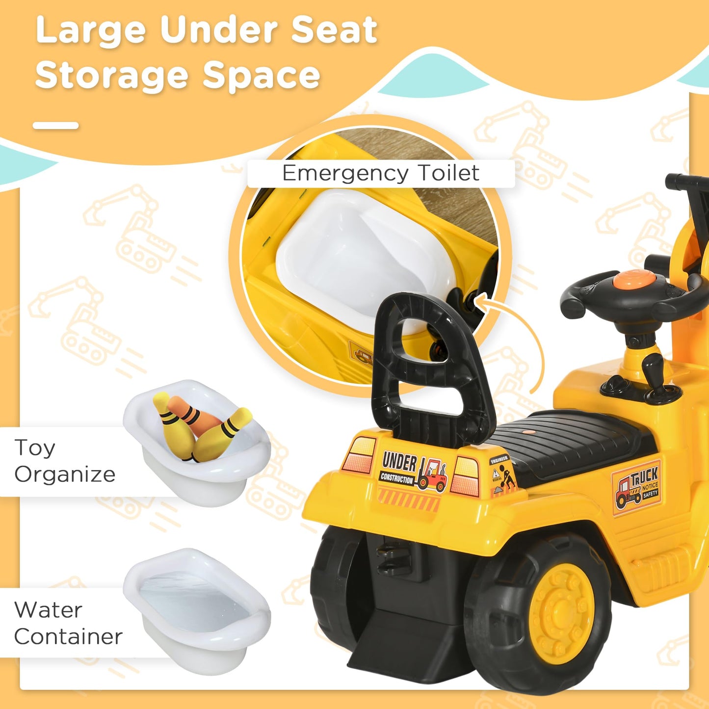 Homcom Ride On Excavator Pull Cart, Kids Digger Ride On Truck With Horn, Under Seat Storage, Sit And Scoot Pretend Play Toy Construction Car For Ages 18M+