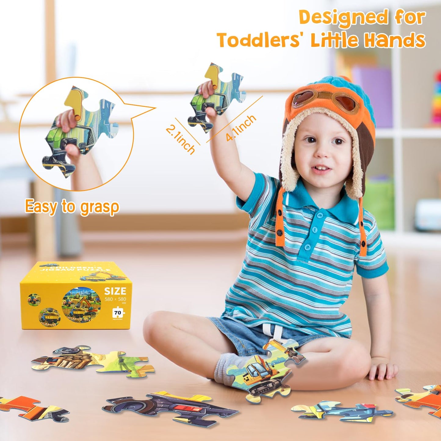 Digobay Floor Puzzles For Kids Ages 3 4 5 6 7 8, 70 Piece Construction Site Jigsaw Puzzle With Excavator Bulldozer Forklift Dump