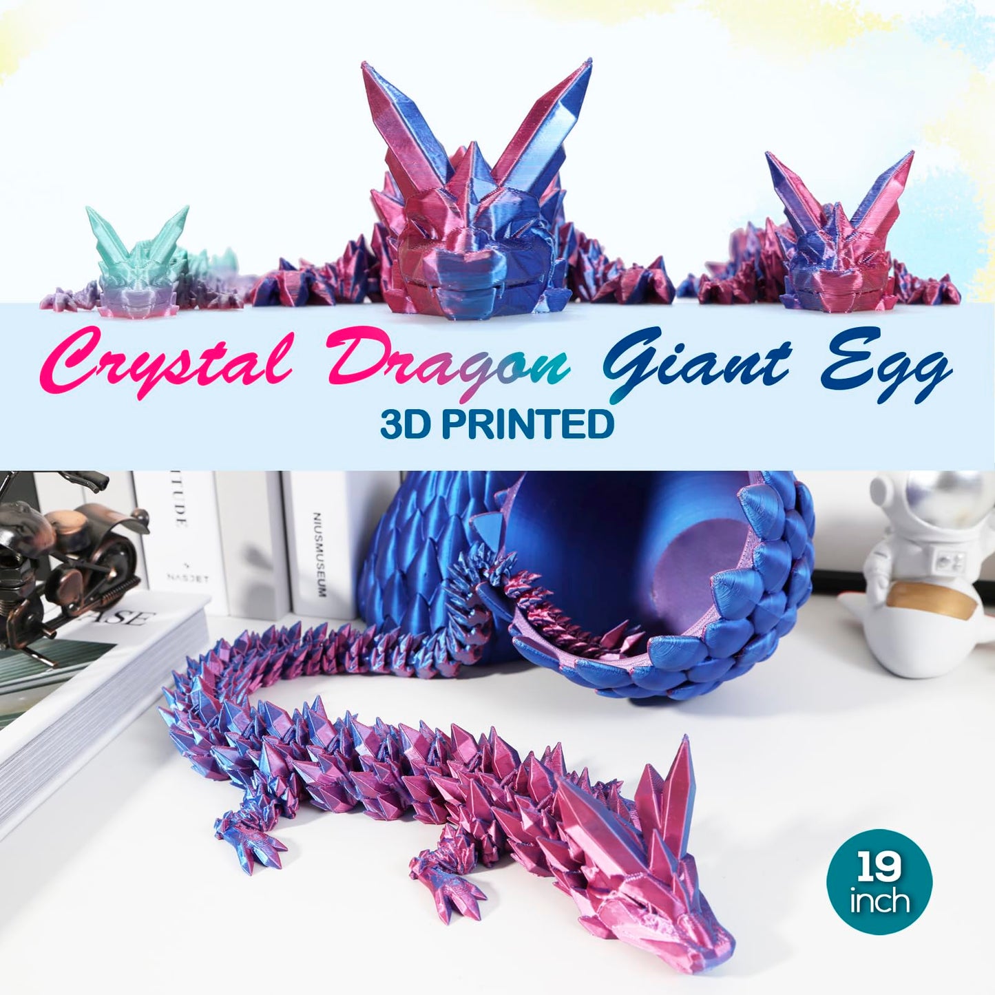 3D Printed Dragon,Dragon Eggs With Dragon Inside,Surprise Dragon Egg Toy,19'' Full Articulated Crystal 3D Dragonls(Giant Dragon