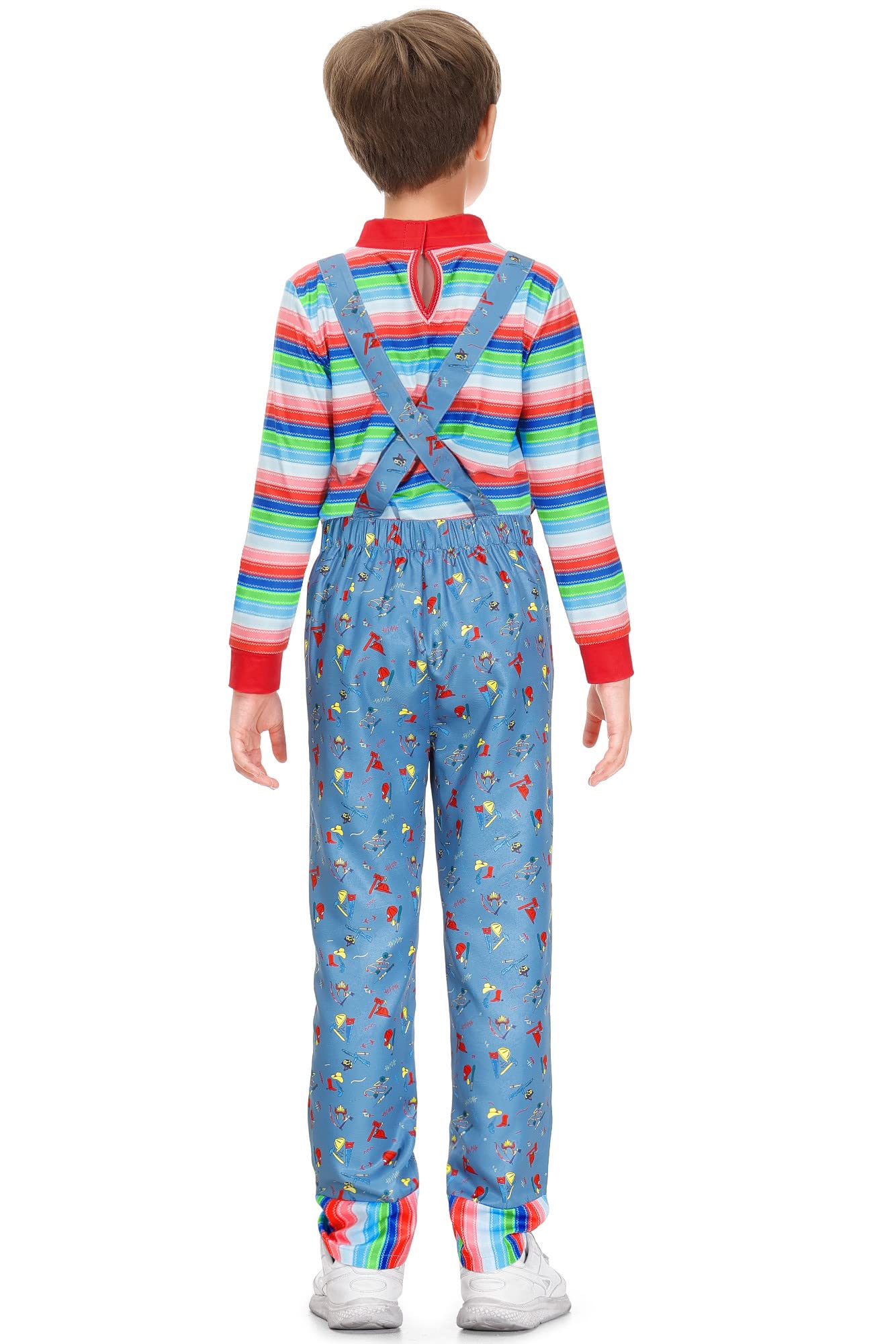 Besserbay Halloween Girls Blue Scary Jumpsuit Horror Killer Doll Front Pocket Clothes Overalls With Striped Shirt 4 Years
