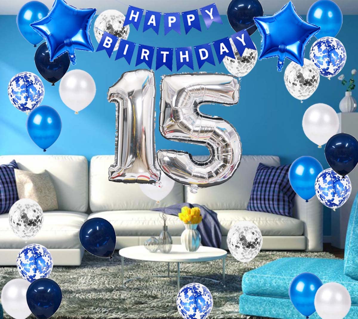 15Th Birthday Party Decoration For Boys, Happy Birthday Banner Blue Number 15 Birthday Balloons 15Th Birthday Latex Confetti Bal