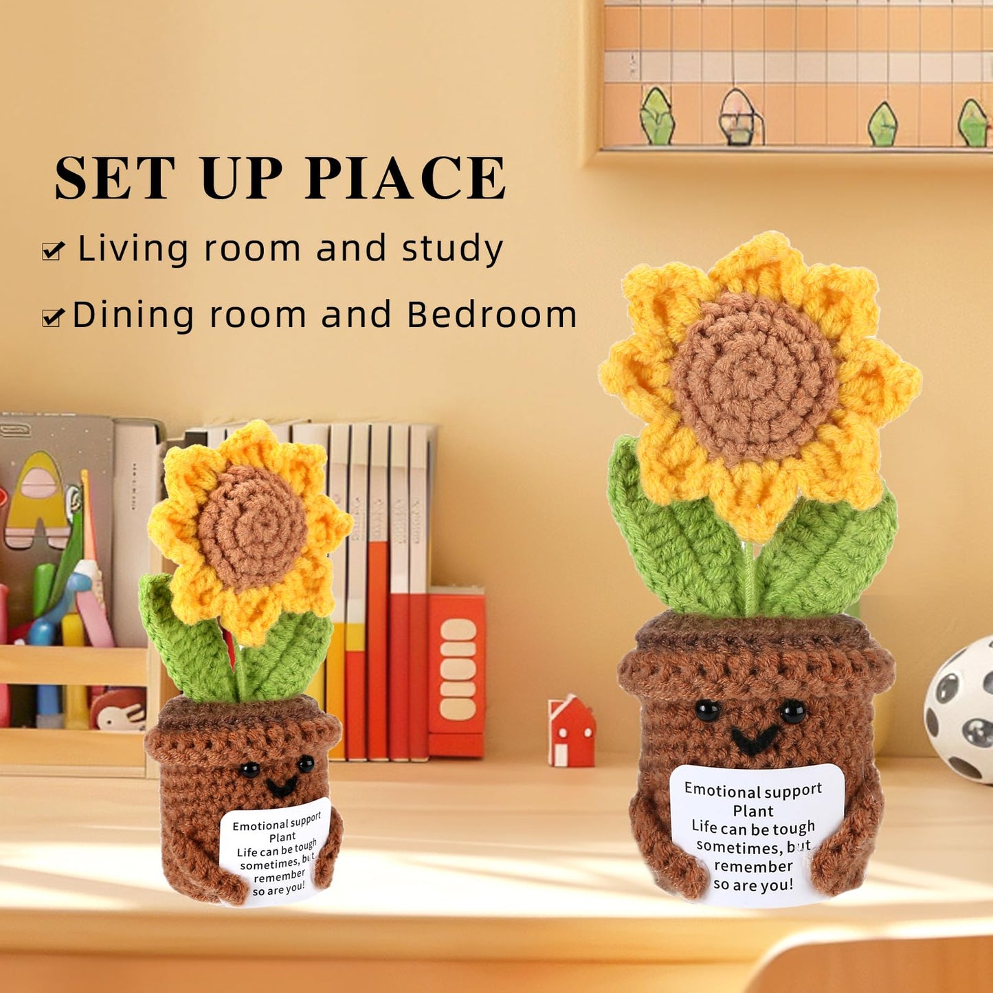 Rovyfota Crochet Sunflower Emotional Support Plant - Cute Positive Gift With Encouragement Card, Mini Potted Flower Plush For De