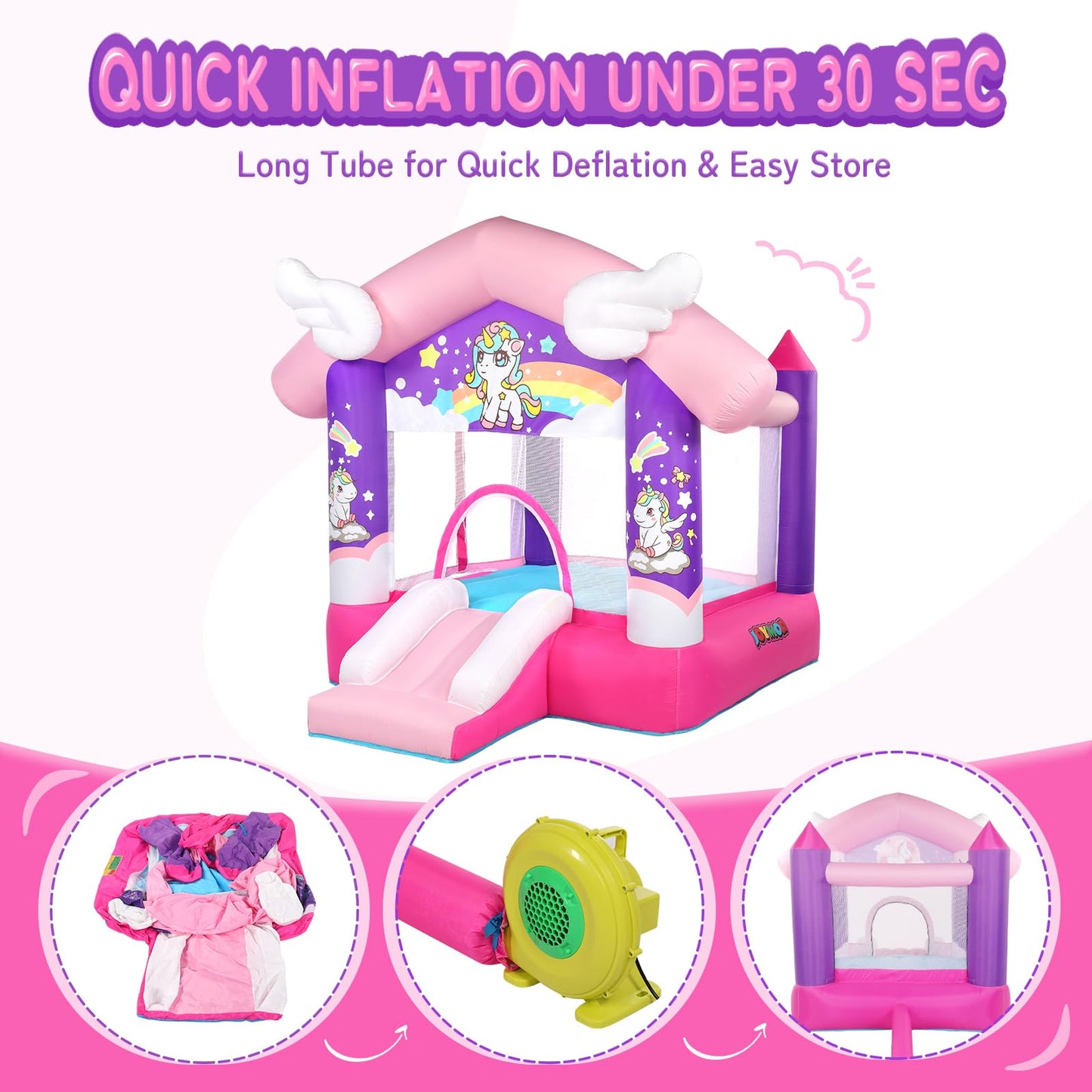 Joymor Pink Inflatable Bounce House With Slide, Unicorn Theme Princess Bounce House For Girls Outdoor And Indoor Use, Pink Bounce House For Kids 3-6 (Blower Included)