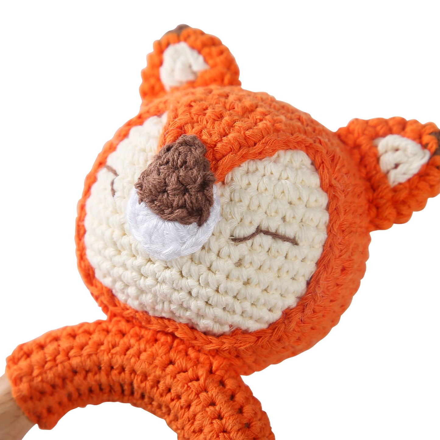Wooden Baby Rattle Crochet Fox Baby Toys Handmade Newborn Toy Early Development Grips Stuffed Animal Organic Rattle