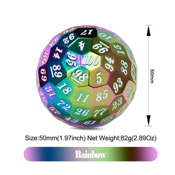 DNDND Rainbow D100 Metal Dice 50mm Single 100 Sided Polyhedral Dice with Metal Case and Velvet Pouch for Table Game(Rainbow with