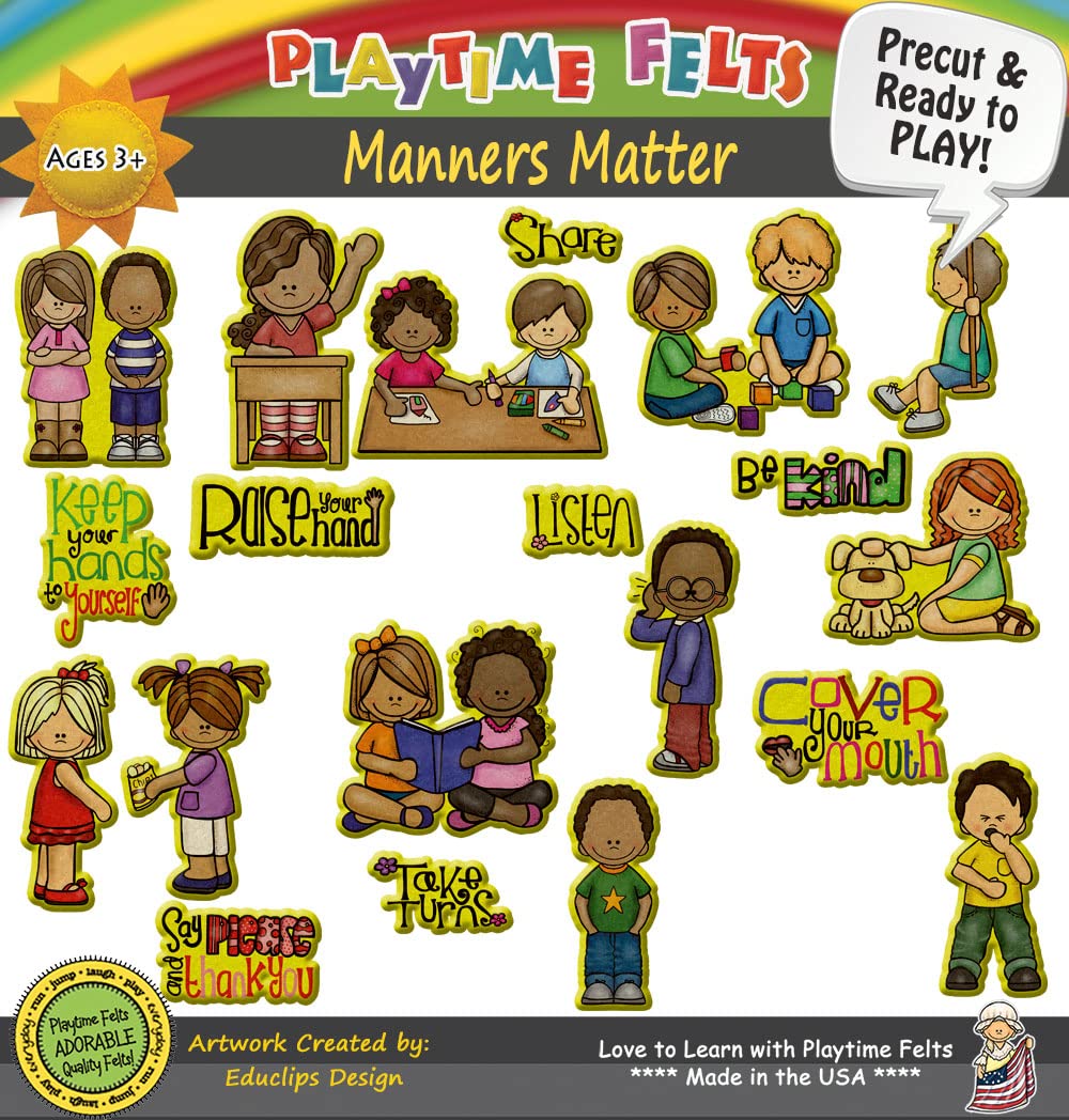 Manners Matter | 18 PRECUT & READY TO PLAY Felt Figures for Flannel Board Teaching for Toddlers, Preschoolers and Kindergarten -