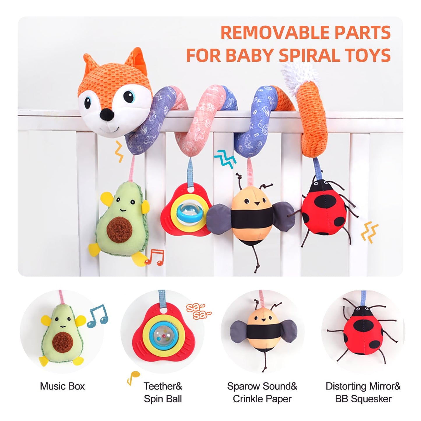 Koty Car Seat Toys, Infant Baby Spiral Plush Activity Hanging Toy For Stroller Bar Pram Crib With Music Box Bb Squeaker & Rattles(Orange Fox)