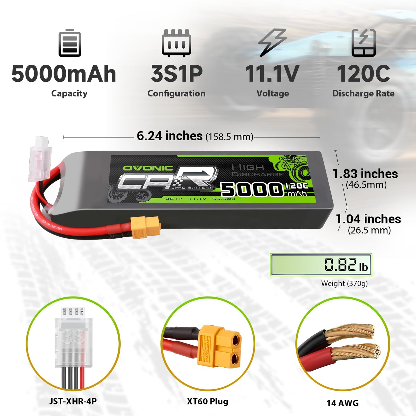 OVONIC 3S LiPo Battery 11.1V 5000mAh 120C with XT60 and TRA Plug Perfect Match RC Car RC Truck Airplane Helicopter Boat Car Raci