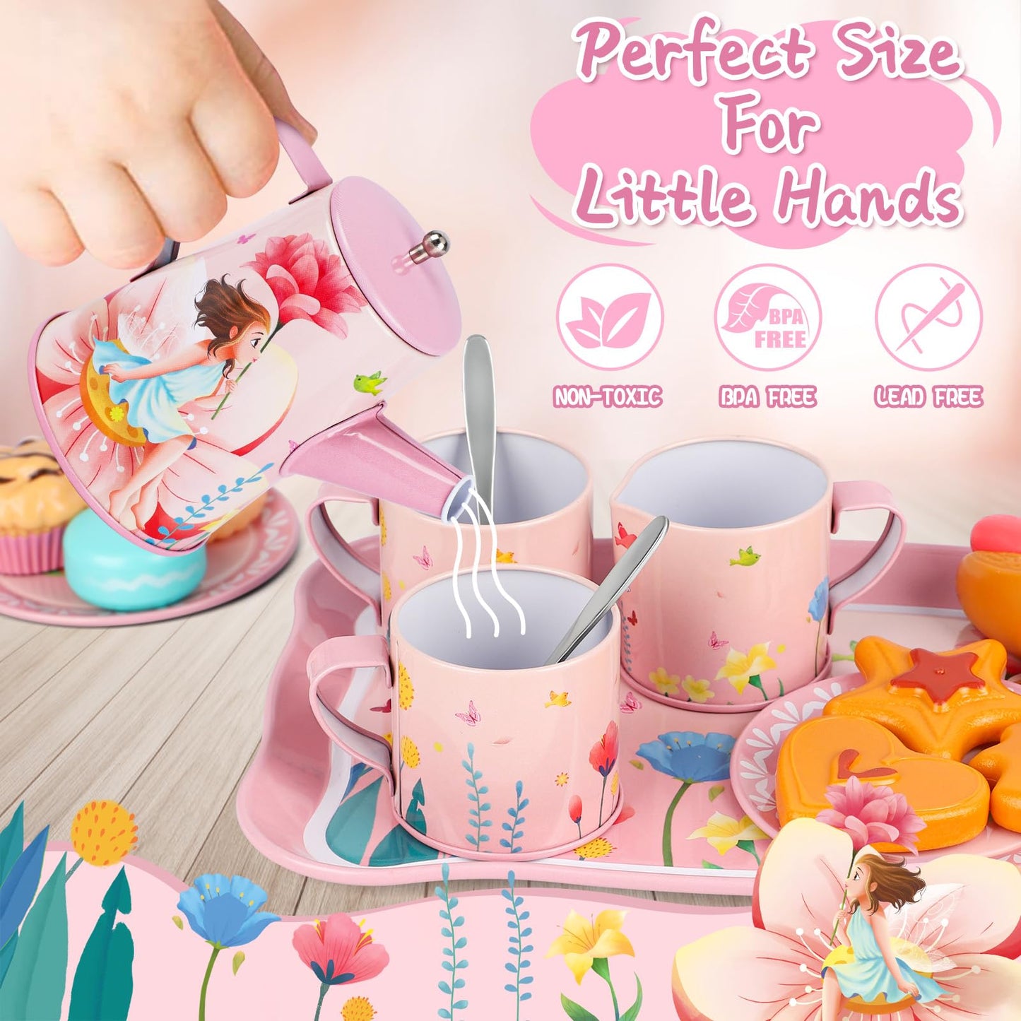 Kids Tea Party Set for Little Girls Birthday Gift Toys for 3 4 5 6 7 8 Year Old Girls, Cute Princess Play Toddlers Tin Tea Set,