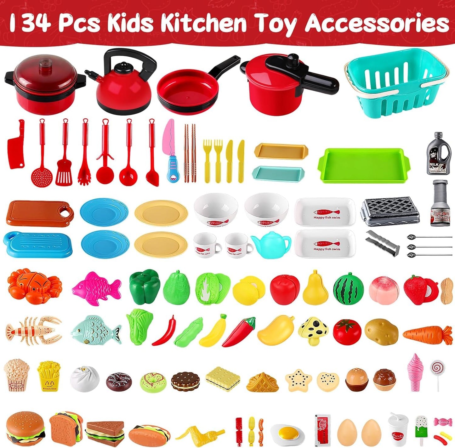 FunMission 134 Pcs Toy Kitchen Accessories, Pretend Cooking Toys with BBQ Grill, Pressure Cooker, Kettle, Pots, Pans, Kitchen Pl