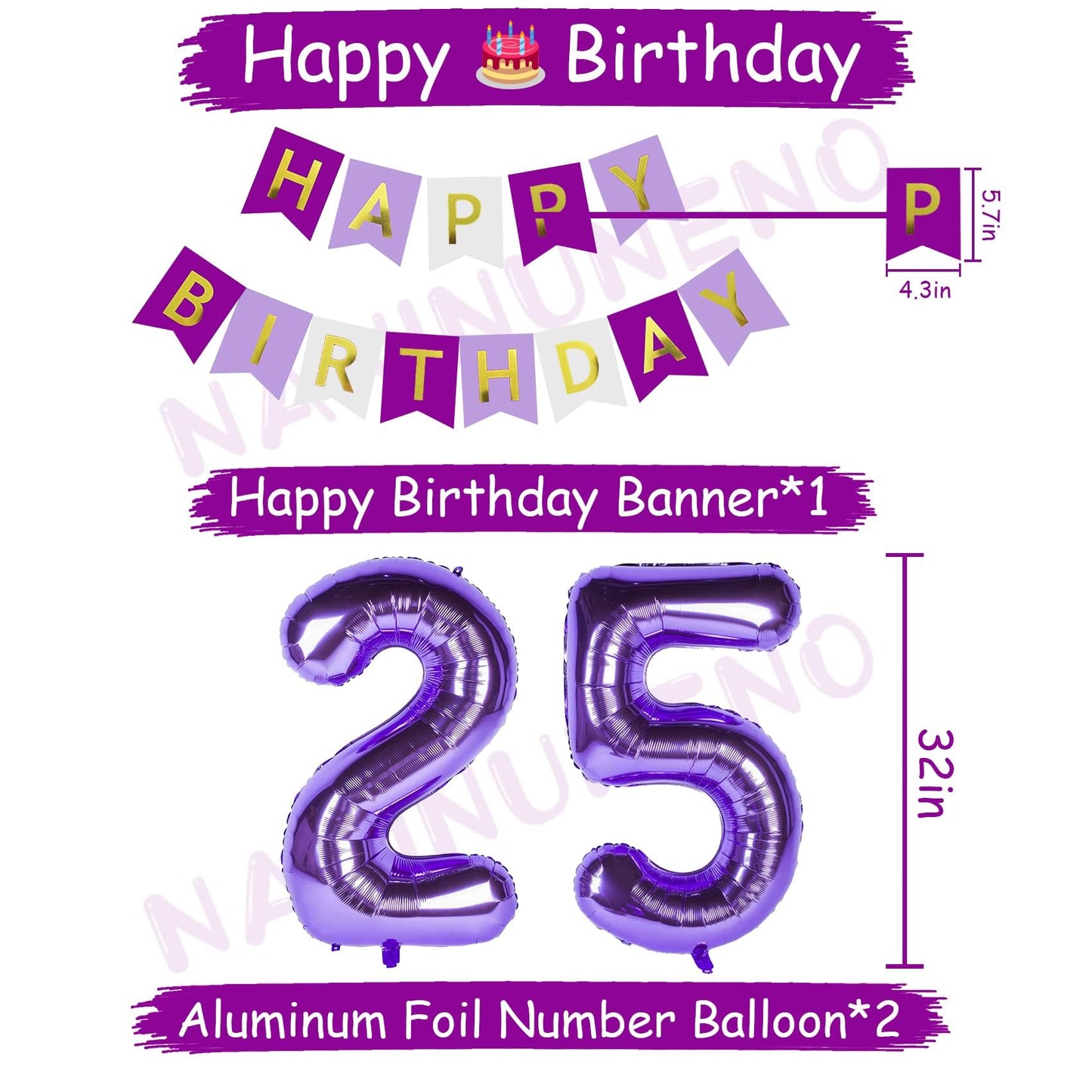 Naninuneno 25Th Birthday Decorations For Girls, Purple 25 Happy Birthday Balloons Supplies Including Purple Happy Birthday Banne