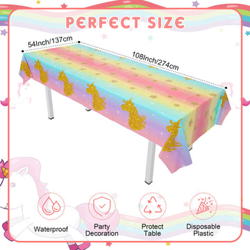 Unicorn Tablecloth 108 x 54 Inch Disposable Table Cover Multi-Color Stripe Plastic Tablecloths Unicorn Themed Birthday Party for